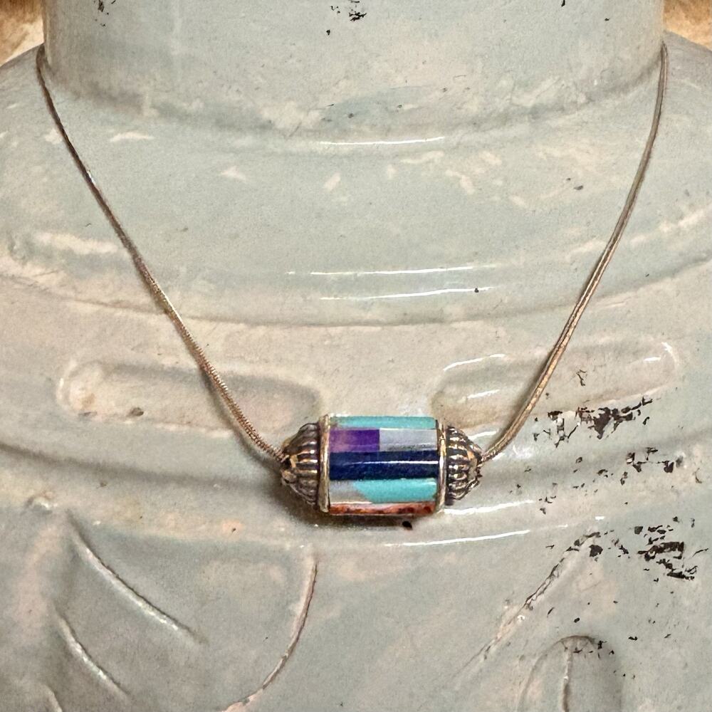 Carolyn Pollack Sterling Silver & Inlayed Multi Stone Barrel Bead Vintage 16 In